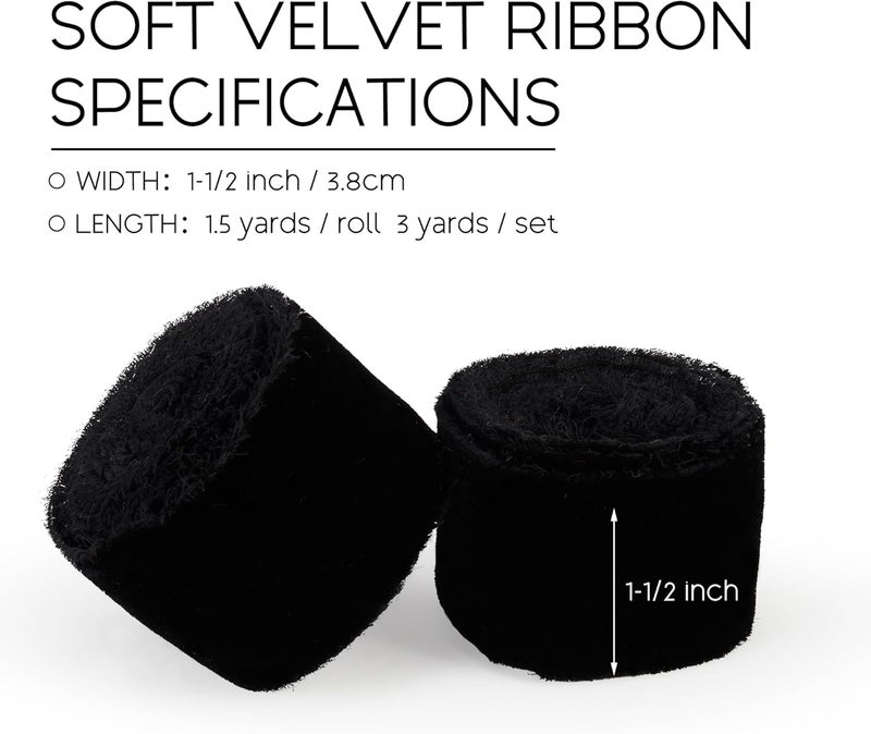 Keypan Black Velvet Ribbon for Gift Wrapping - 1 1/2 inch Wide Handmade Fringe Fabric Ribbons for Christmas Decorations, Baby Shower, Flower Bouquet - Image 2
